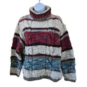 Vintage Eddie Bauer Multicolor Wool Turtleneck Sweater Stripe Pattern 3D chunky